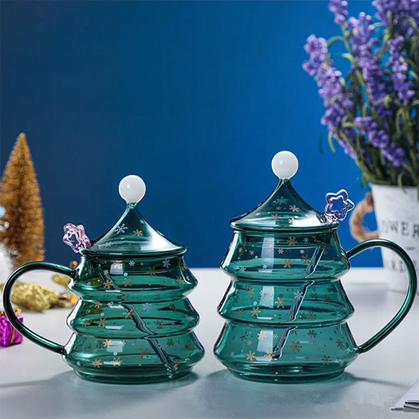Glass Christmas Tree Mugs with Lids
