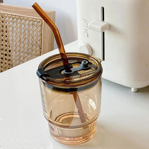 Glass Cup With Lid And Straw