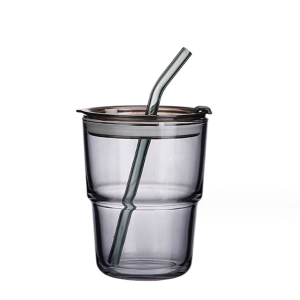 Gray Glass Tumbler With Lid And Straw